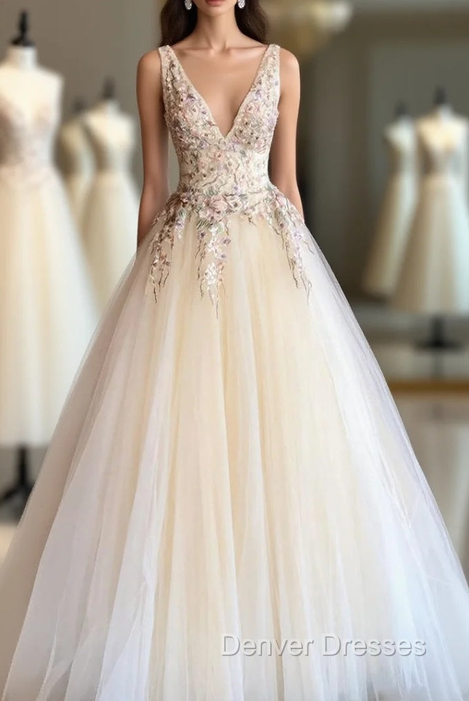 Elegant V Neck Ivory Long Prom Dress with Floral Embroidery Main image