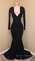 Elegant V-Neck Long Sleevess Appliques Sequins Mermaid Zipper Prom Dress
