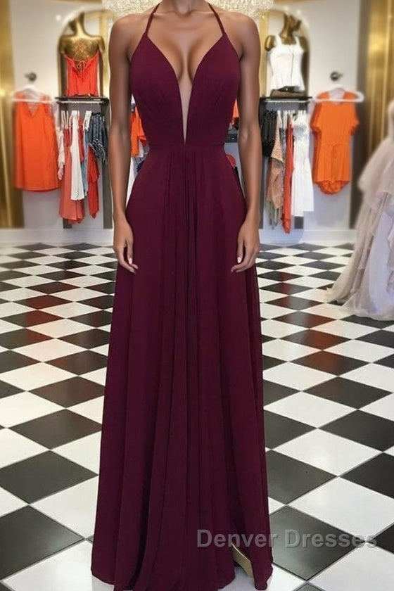 Elegant V Neck Open Back Burgundy Prom Dress, Open Back Burgundy Formal Dress, Long Burgundy Evening Dress