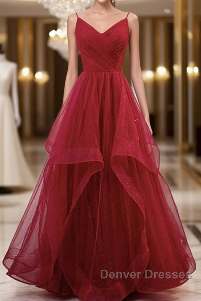 Elegant V Neck Open Back Sequins Burgundy Long Prom Dress, Shiny Burgundy Formal Dress, Fluffy Burgundy Evening Dress Main image