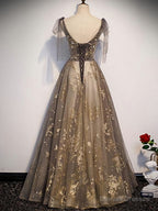 Elegant V-neck Organza Grey Lace A-line Spaghetti Straps Lace-up Back Long Prom Dress