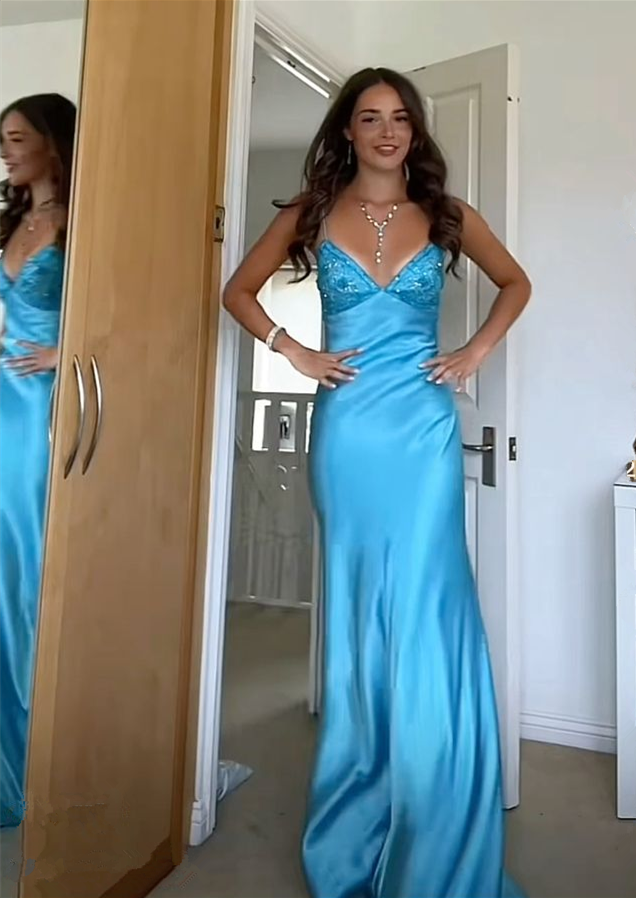 Elegant V-Neck Spaghetti Memriad Long Prom Dress Main image