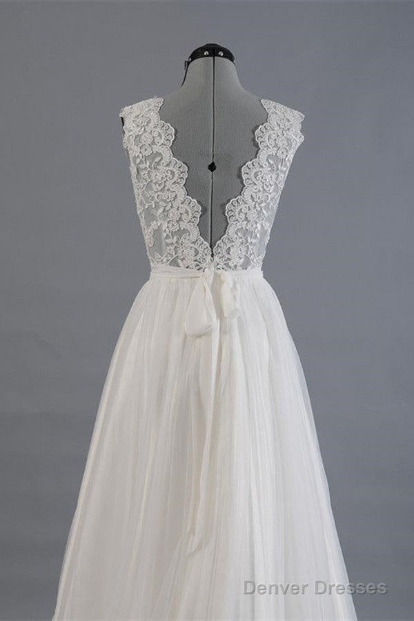 Elegant V-Neck Sweep Train White Open Back Lace Wedding Dress Secondary image