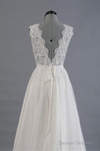 Elegant V-Neck Sweep Train White Open Back Lace Wedding Dress