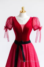 Elegant V-Neck Tulle and Velvet Long Prom Dress, Burgundy A-Line Evening Dress