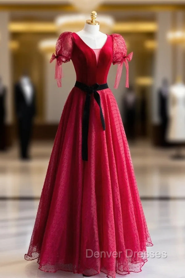 Elegant V-Neck Tulle and Velvet Long Prom Dress, Burgundy A-Line Evening Dress Main image