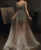 Elegant V Neck Tulle Sequin Long Prom Dress Tulle Formal Dress