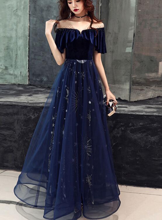 Elegant Velvet Bodice Tulle Long Formal Dress, Navy Blue Party Dress Secondary image