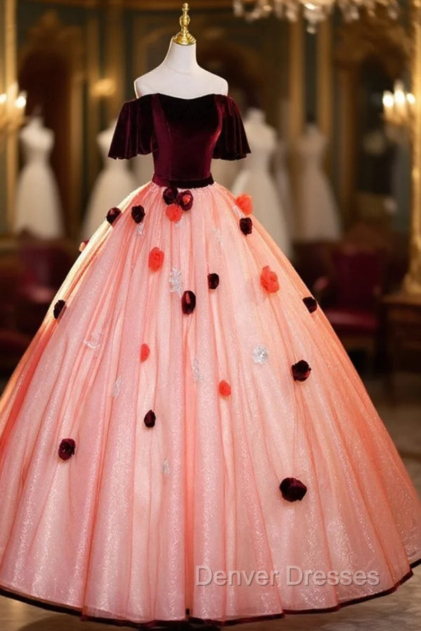Elegant Velvet Tulle Long Formal Dress, Burgundy Off the Shoulder Sweet Flower Party Dress