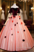 Elegant Velvet Tulle Long Formal Dress, Burgundy Off the Shoulder Sweet Flower Party Dress