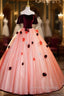 Elegant Velvet Tulle Long Formal Dress, Burgundy Off the Shoulder Sweet Flower Party Dress
