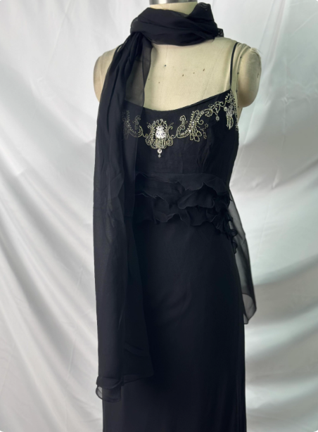 Elegant Vintage Black Mermaid Thin Strap Embroidered Chiffon Long Prom Dress Evening Dress