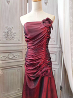 Elegant Vintage Burgundy Strapless Ruched Satin Long Prom Dress Evening Dress