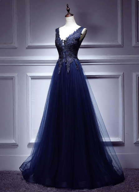 Elegant Vintage Navy Blue V-Neck Lace Embroidery Tulle Long Prom Dress Evening Dress