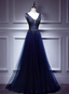 Elegant Vintage Navy Blue V-Neck Lace Embroidery Tulle Long Prom Dress Evening Dress