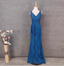 Elegant Vintage Royal Blue V-Neck Lace Long Prom Dress Evening Dress