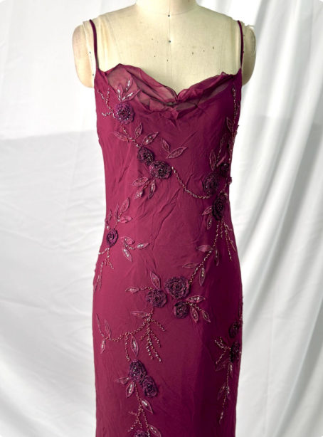 Elegant Vintage Burgundy Beaded Embroidery Thin Strap Mermaid Chiffon Long Prom Dress Evening Dress