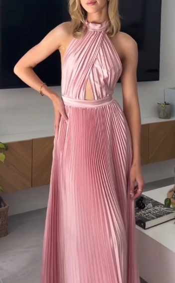 Elegant Wedding Guest Outfit A Line Halter Hot Pink Satin Prom Dress Summer Wedding Guest Dress Graduation Dress