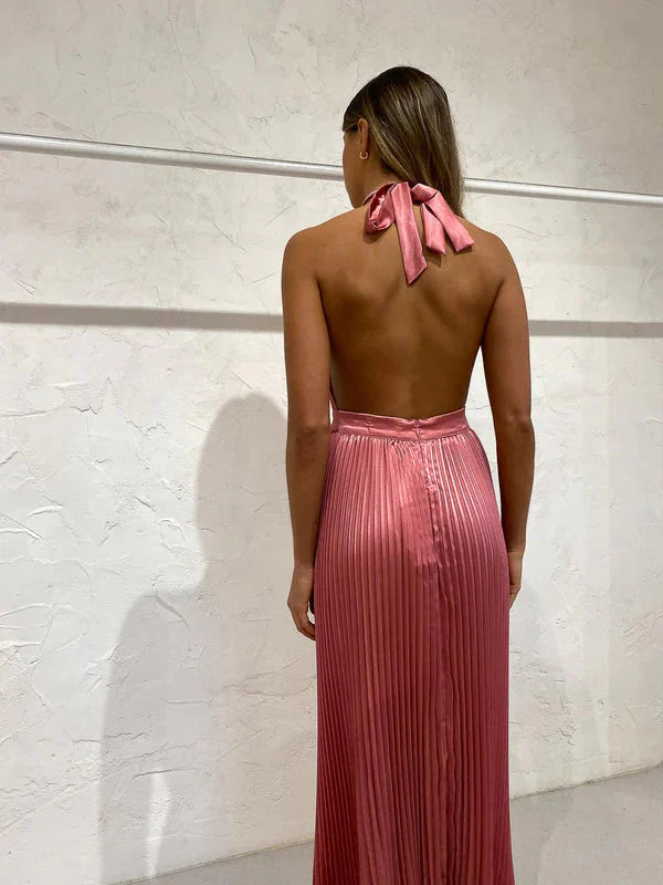Elegant Wedding Guest Outfit A Line Halter Hot Pink Satin Prom Dress Summer Wedding Guest Dress Graduation Dress