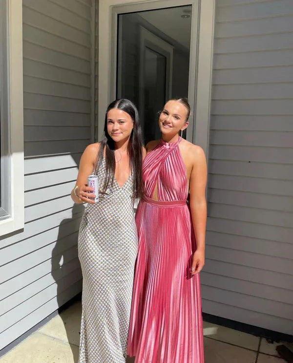 Elegant Wedding Guest Outfit A Line Halter Hot Pink Satin Prom Dress Summer Wedding Guest Dress Graduation Dress
