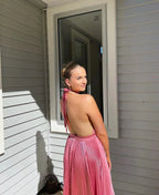 Elegant Wedding Guest Outfit A Line Halter Hot Pink Satin Prom Dress Summer Wedding Guest Dress Graduation Dress