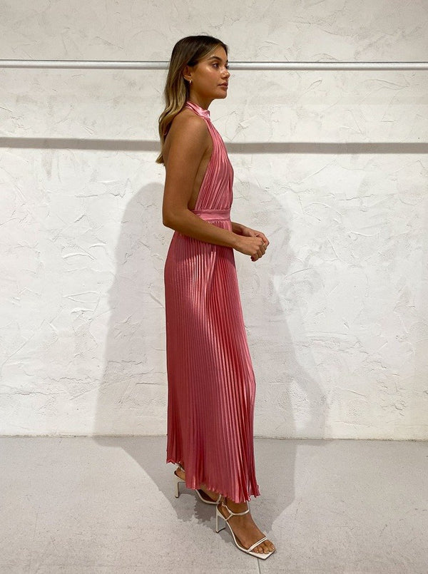 Elegant Wedding Guest Outfit A Line Halter Hot Pink Satin Prom Dress Summer Wedding Guest Dress Graduation Dress