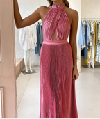Elegant Wedding Guest Outfit A Line Halter Hot Pink Satin Prom Dress Summer Wedding Guest Dress Graduation Dress