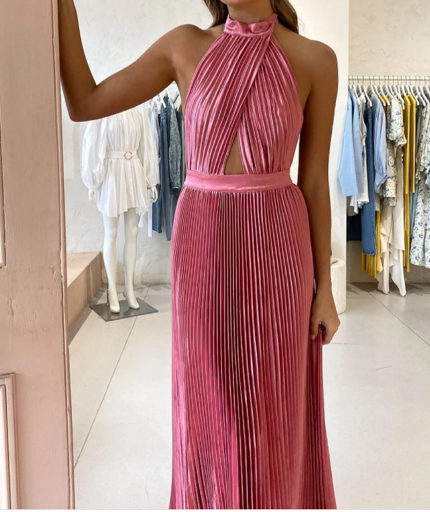 Elegant Wedding Guest Outfit A Line Halter Hot Pink Satin Prom Dress Summer Wedding Guest Dress Graduation Dress