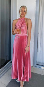 Elegant Wedding Guest Outfit A Line Halter Hot Pink Satin Prom Dress Summer Wedding Guest Dress Graduation Dress
