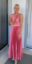 Elegant Wedding Guest Outfit A Line Halter Hot Pink Satin Prom Dress Summer Wedding Guest Dress Graduation Dress