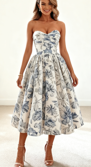 Elegant Wedding Guest Outfit Ball Gown Blue Floral Formal Night Dress Summer Tea Length Wedding Guest Dress