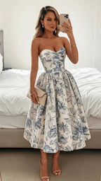 Elegant Wedding Guest Outfit Ball Gown Blue Floral Formal Night Dress Summer Tea Length Wedding Guest Dress