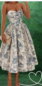 Elegant Wedding Guest Outfit Ball Gown Blue Floral Formal Night Dress Summer Tea Length Wedding Guest Dress