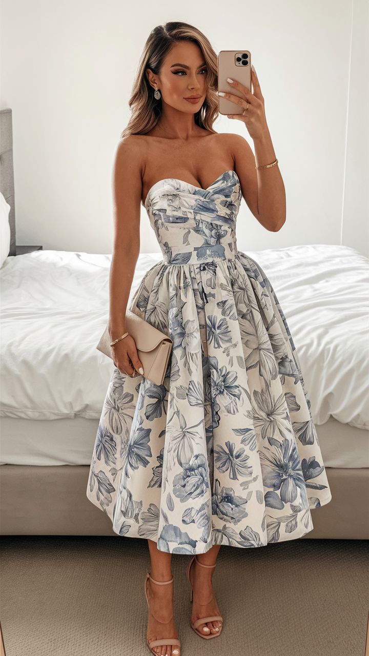 Elegant Wedding Guest Outfit Ball Gown Blue Floral Formal Night Dress Summer Tea Length Wedding Guest Dress