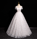 Elegant White 3D Floral Tulle Long Ball Gown Evening Dress Sweet 16 Dress