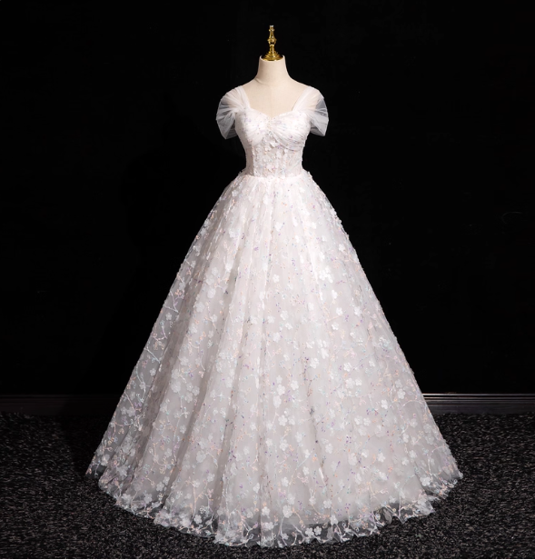 Elegant White 3D Floral Tulle Long Ball Gown Evening Dress Sweet 16 Dress
