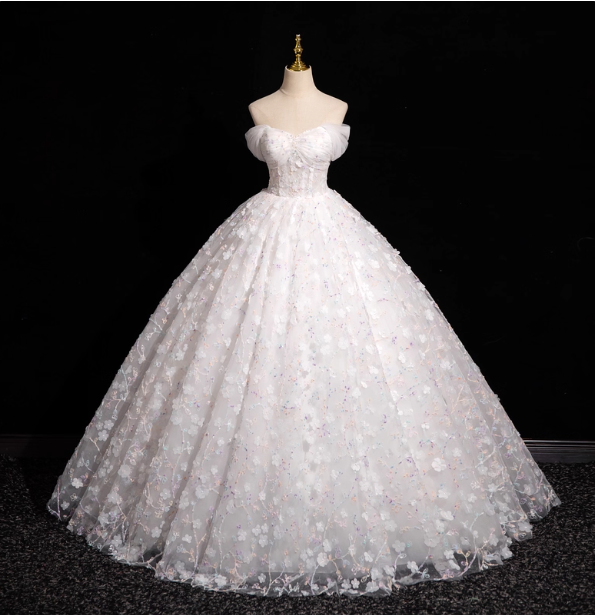 Elegant White 3D Floral Tulle Long Ball Gown Evening Dress Sweet 16 Dress