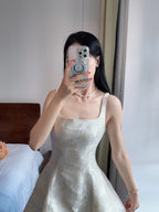 Elegant White A-Line Square Neck Halter Top With Butterfly Jacquard Satin Long Prom Dress Evening Dress