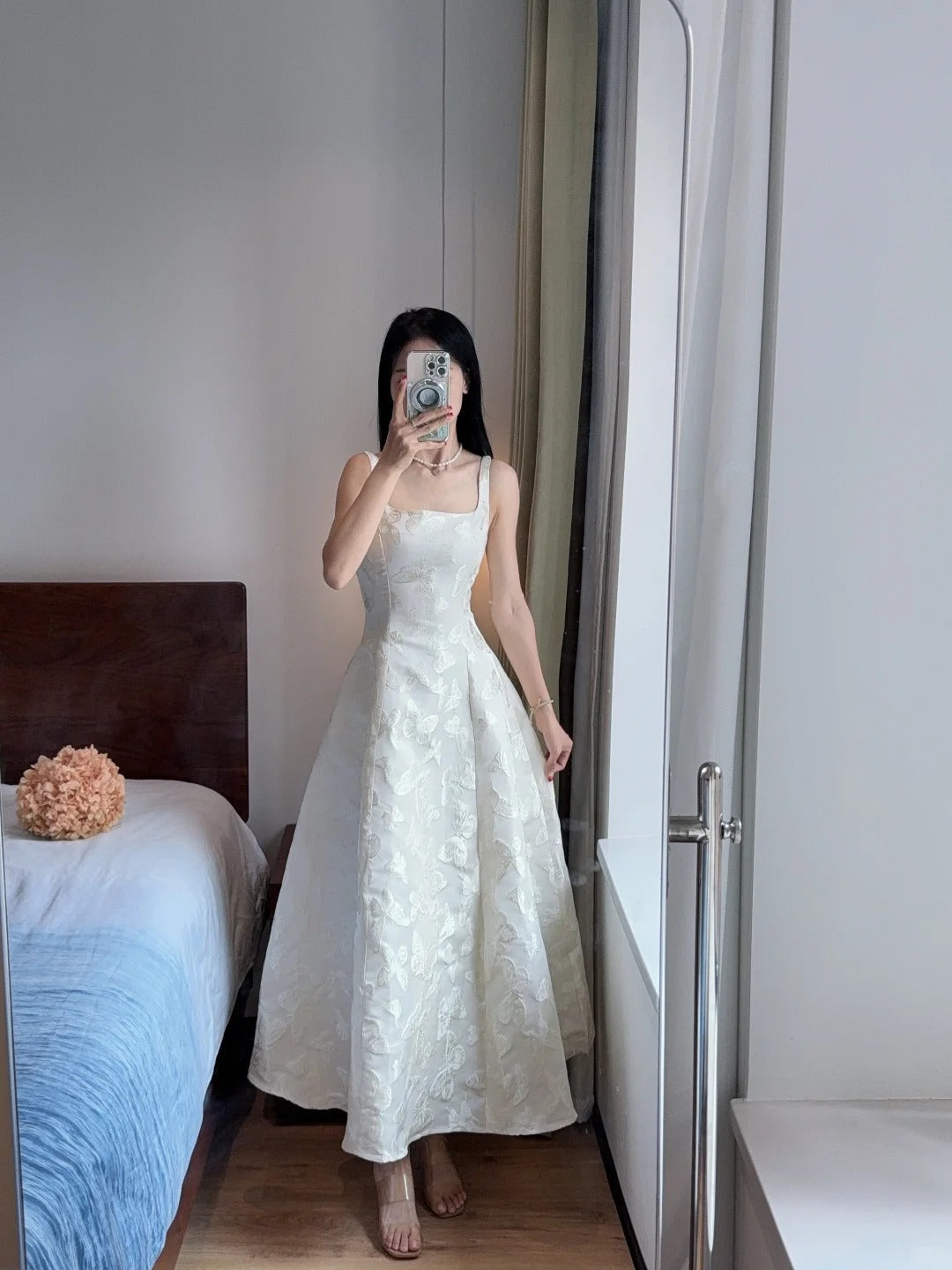 Elegant White A-Line Square Neck Halter Top With Butterfly Jacquard Satin Long Prom Dress Evening Dress