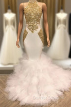 Elegant White And Gold Mermaid Prom Dress Sequins High Collar Chiffon Long