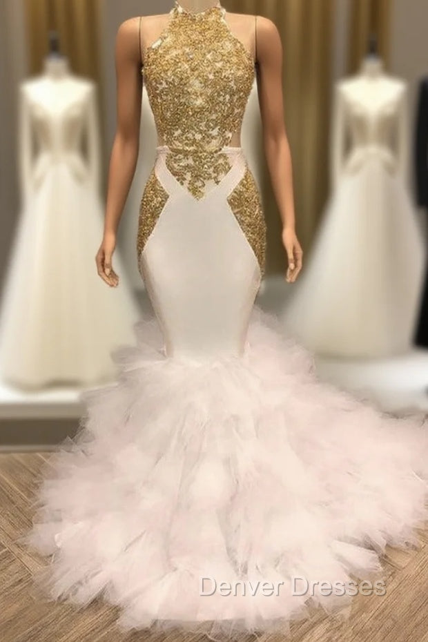 Elegant White And Gold Mermaid Prom Dress Sequins High Collar Chiffon Long