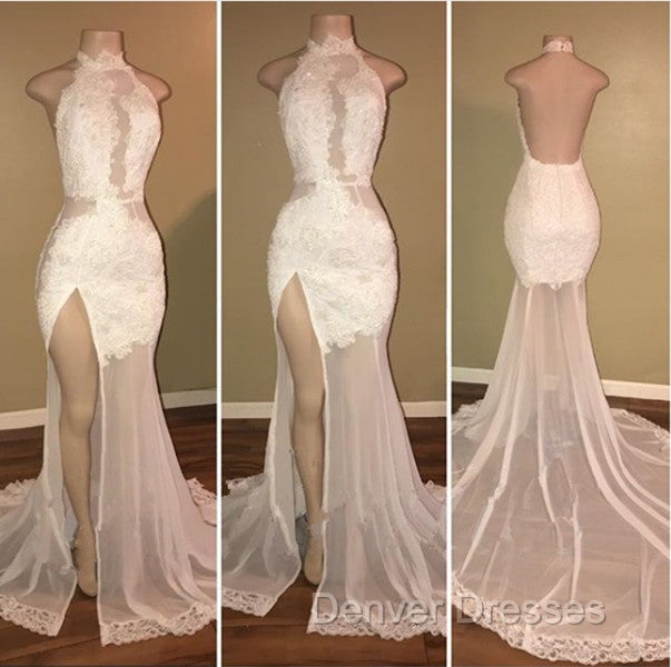 Elegant White Lace Halter Prom Party GownsMermaid Backless Party Dress With Slit Secondary image