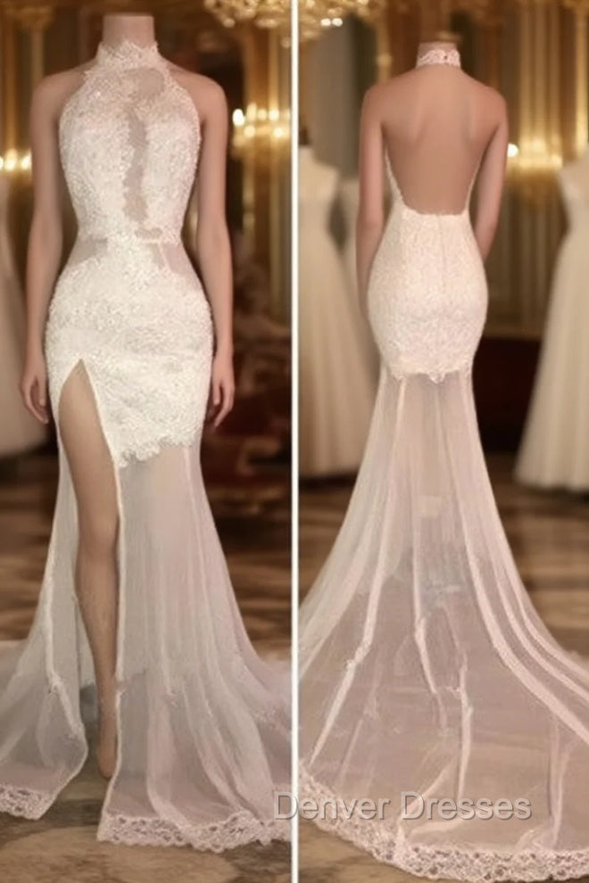 Elegant White Lace Halter Prom Party GownsMermaid Backless Party Dress With Slit Main image