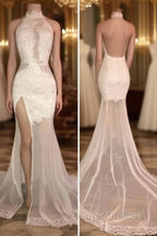 Elegant White Lace Halter Prom Party GownsMermaid Backless Party Dress With Slit