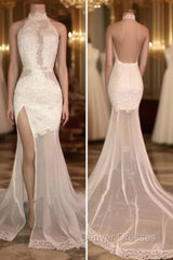 Elegant White Lace Halter Prom Party GownsMermaid Backless Party Dress With Slit