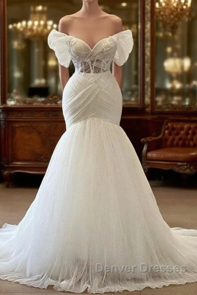 Elegant White Long Mermaid Off the Shoulder Tulle Lace Wedding Dress Main image
