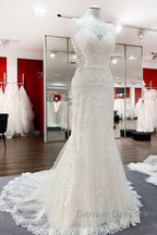 Elegant White Long Mermaid Tulle Lace Open Back Wedding Dress
