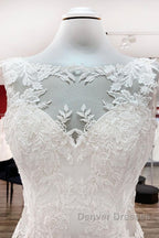 Elegant White Long Mermaid Tulle Lace Open Back Wedding Dress