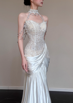 Elegant White Mermaid Halter Neck Lace Satin Train Wedding Dress