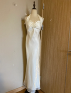 Elegant White Mermaid Halter Neck Satin Long Prom Dress Evening Dress